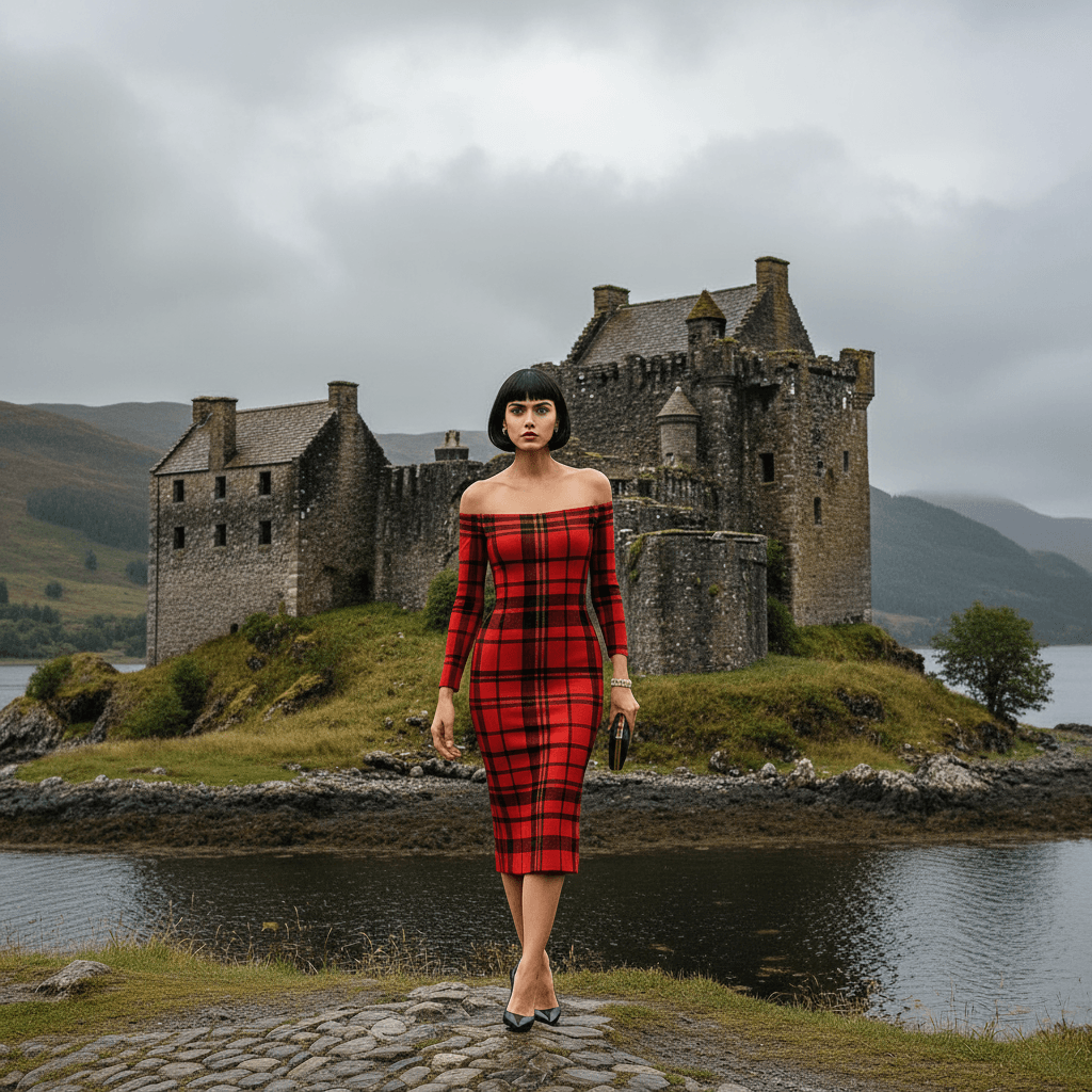 Model wearing Tioram Red Tartan dress off shoulder bodycon dress by Angelic Blessings Shop in a Highlands Fashion setting