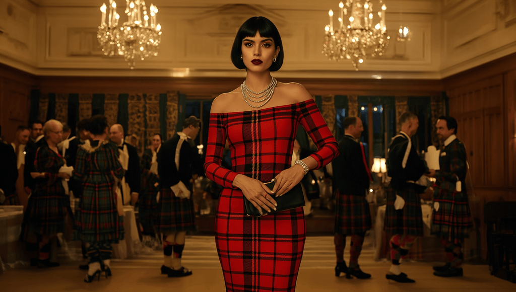 Model wearing Tioram Red Tartan dress off shoulder bodycon dress in Highlands Fashion at formal event