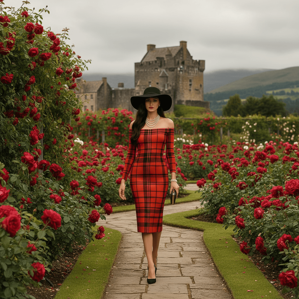 Woman wearing Tioram Red Tartan dress off shoulder bodycon dress from Highlands Fashion walking in rose garden