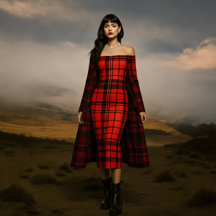 Tioram Red Tartan dress off shoulder bodycon dress styled with Highlands Fashion in an outdoor setting