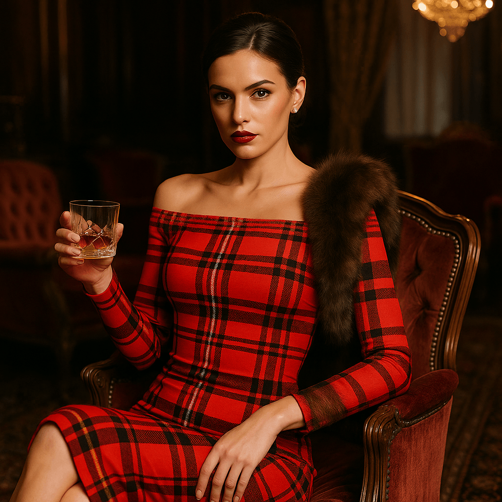 Woman wearing Tioram Red Tartan dress off shoulder bodycon dress from Highlands Fashion sitting on vintage chair holding a glass