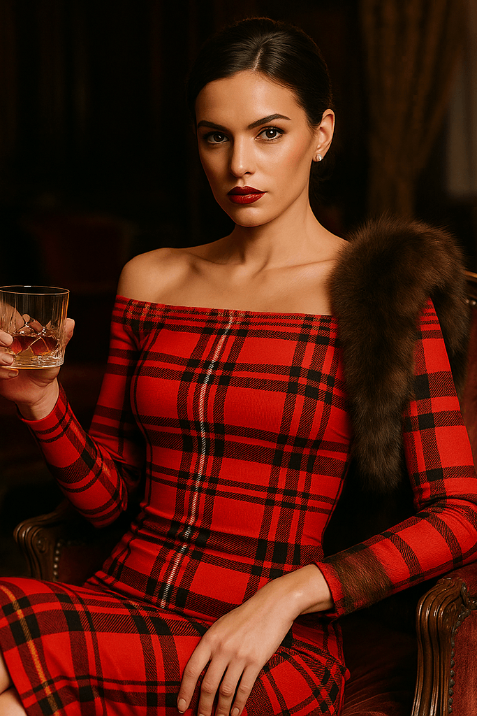 Woman wearing Tioram Red Tartan dress off shoulder bodycon dress sitting with a drink showcasing Highlands Fashion