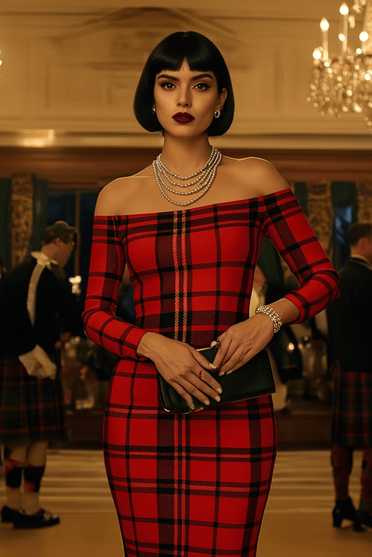Tioram Red Tartan dress off shoulder bodycon dress by Angelic Blessings Shop in Highlands Fashion