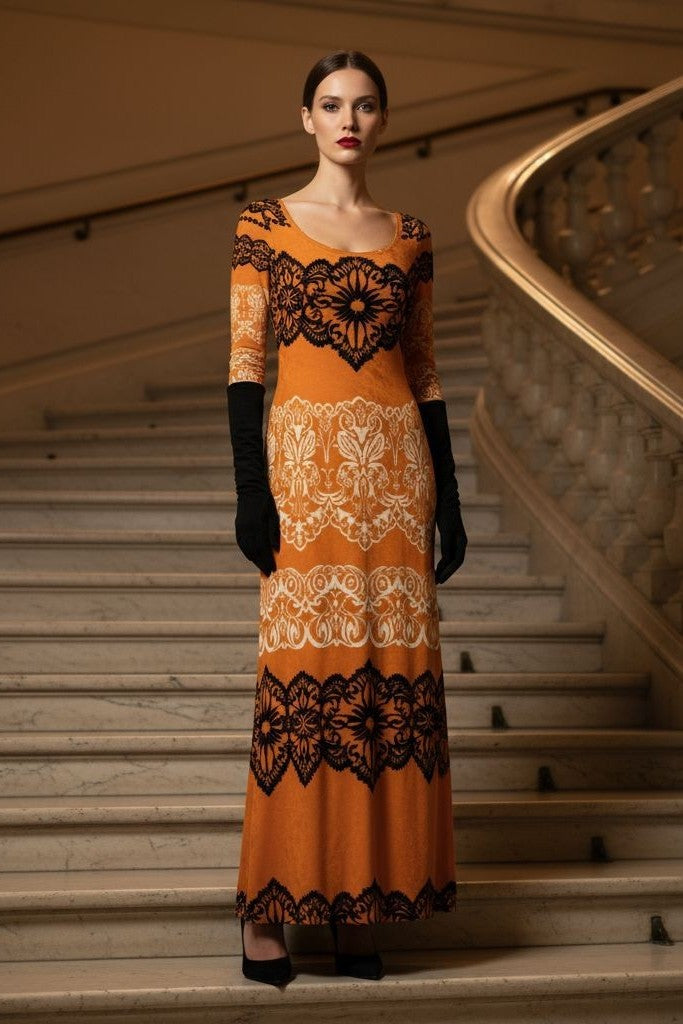 Luxury maxi velvet dress with baroque-inspired lace print in black and ivory.