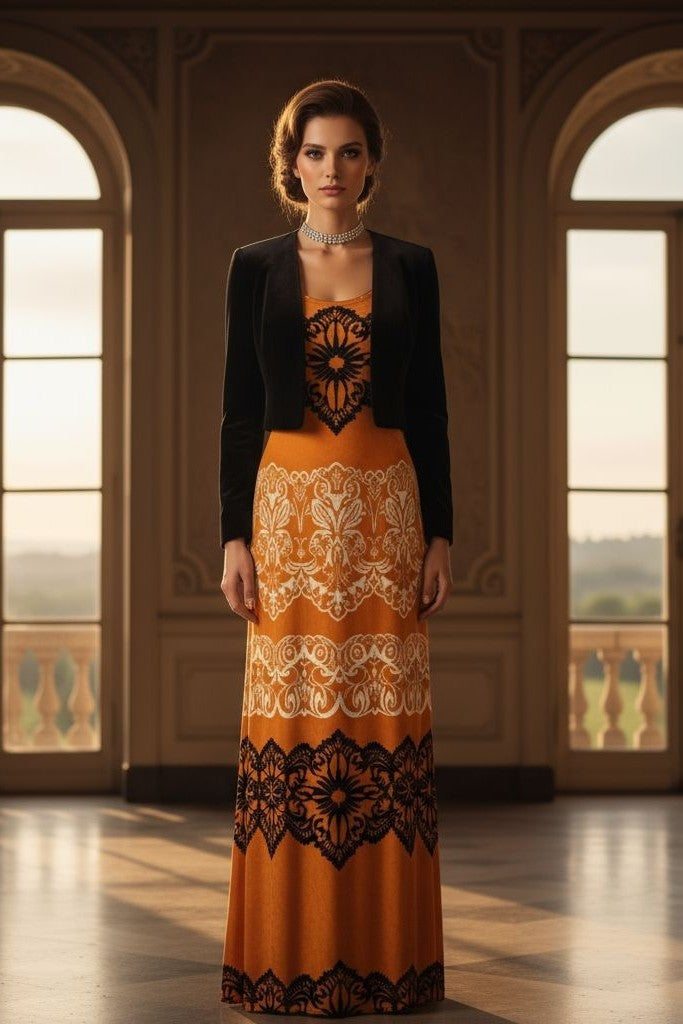 Black lace and gold velvet maxi dress with floor-length silhouette.