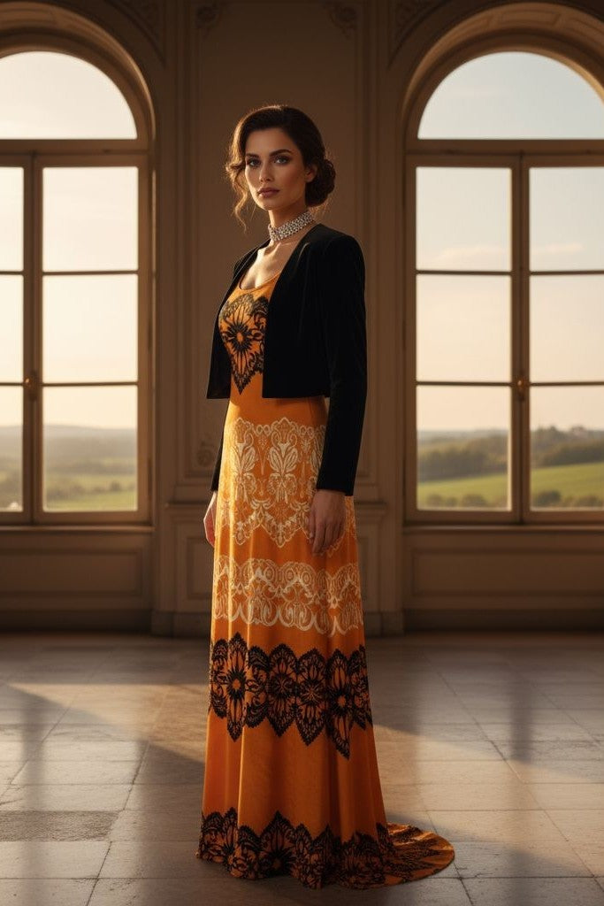 European elegance inspired gold velvet gown with baroque-style design.