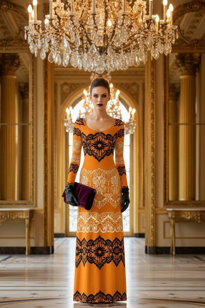 Gold baroque velvet dress styled for elegant evening fashion.