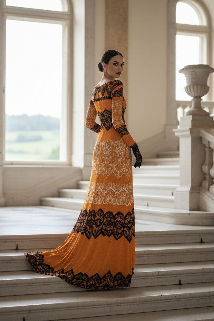 Women’s long-sleeve gold velvet evening gown with heritage baroque lace detailing.