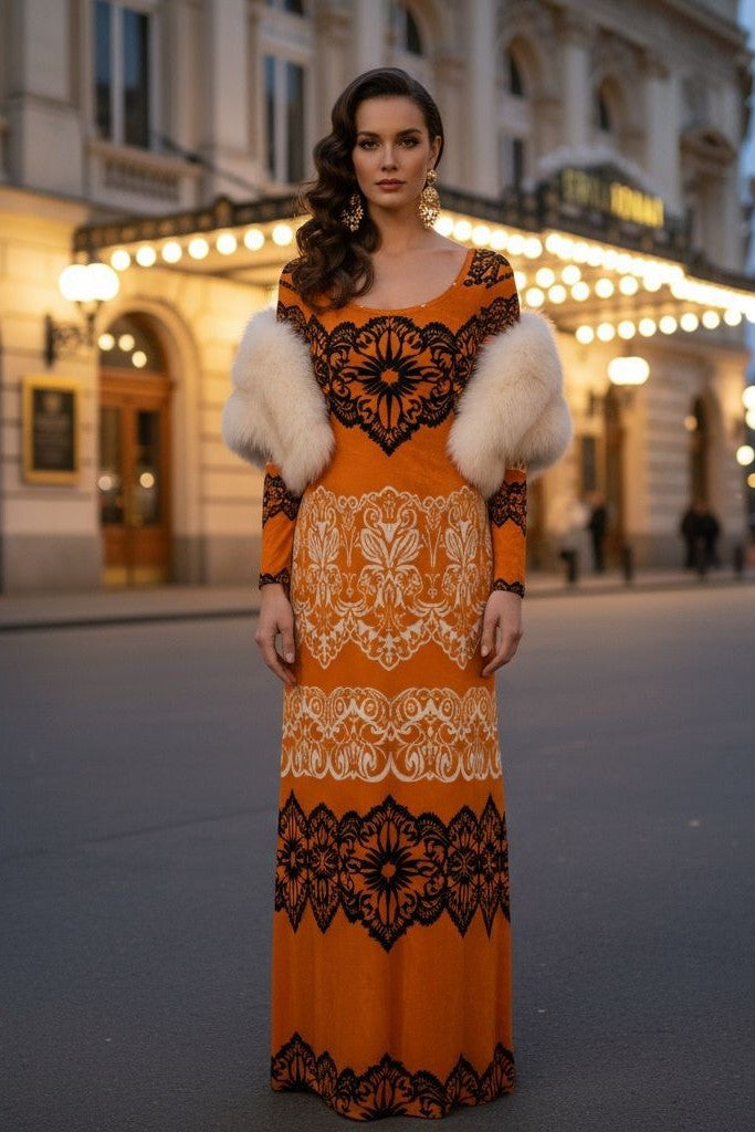 Elegant women’s formal outfit featuring gold velvet baroque maxi gown.