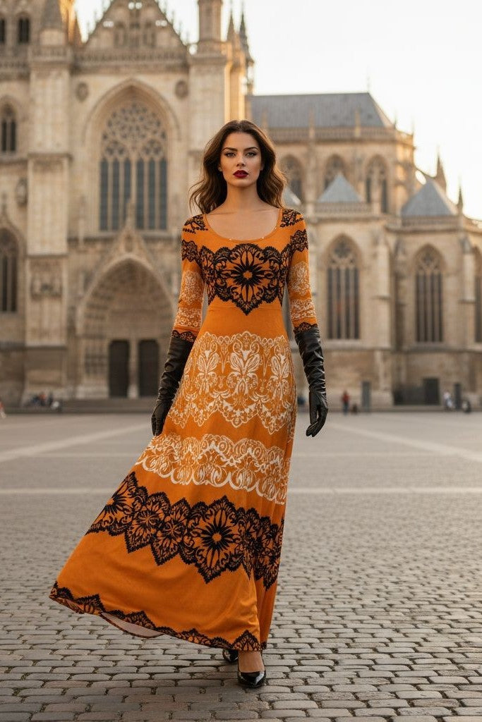 European heritage-inspired velvet gown in gold with lace accents.