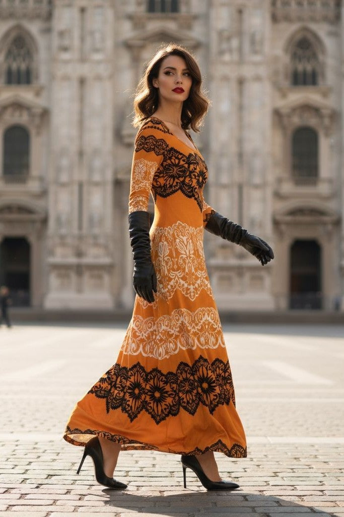 Made-to-order gold velvet maxi dress with intricate baroque design.