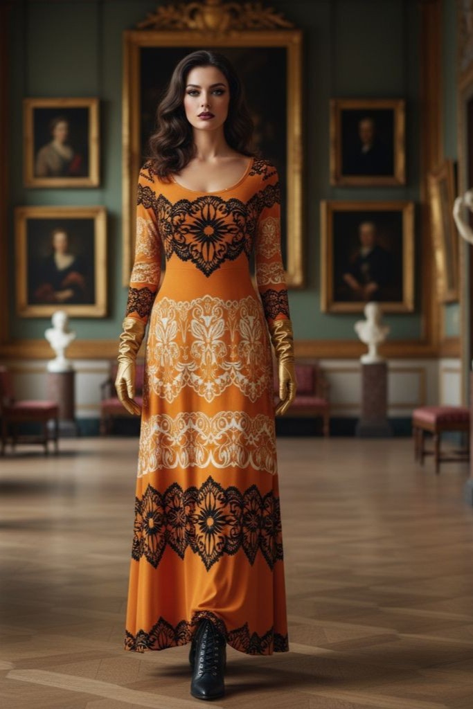 Velvet glamour maxi dress with gold and black baroque pattern from AngelicBlessingsShop.