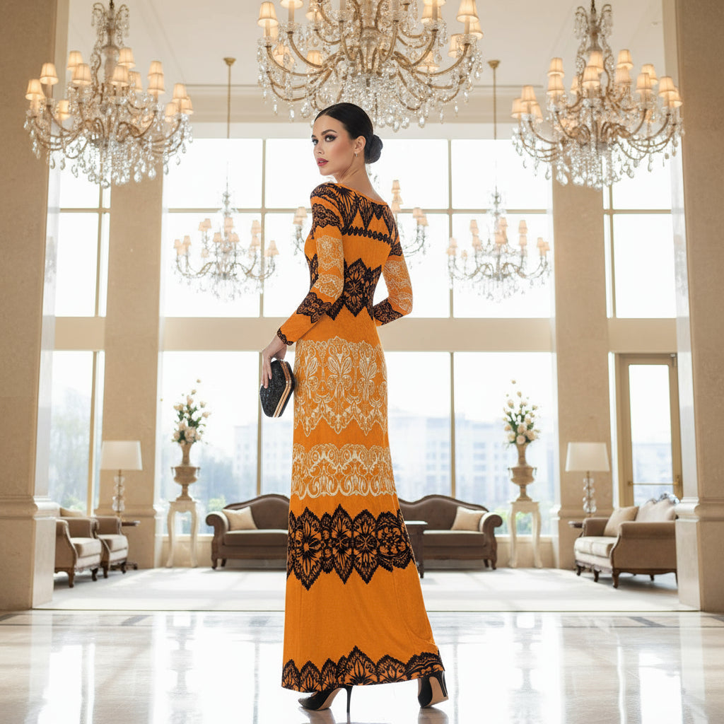 Elegant Tsarina Gold velvet maxi dress for women with baroque lace pattern and black jacket