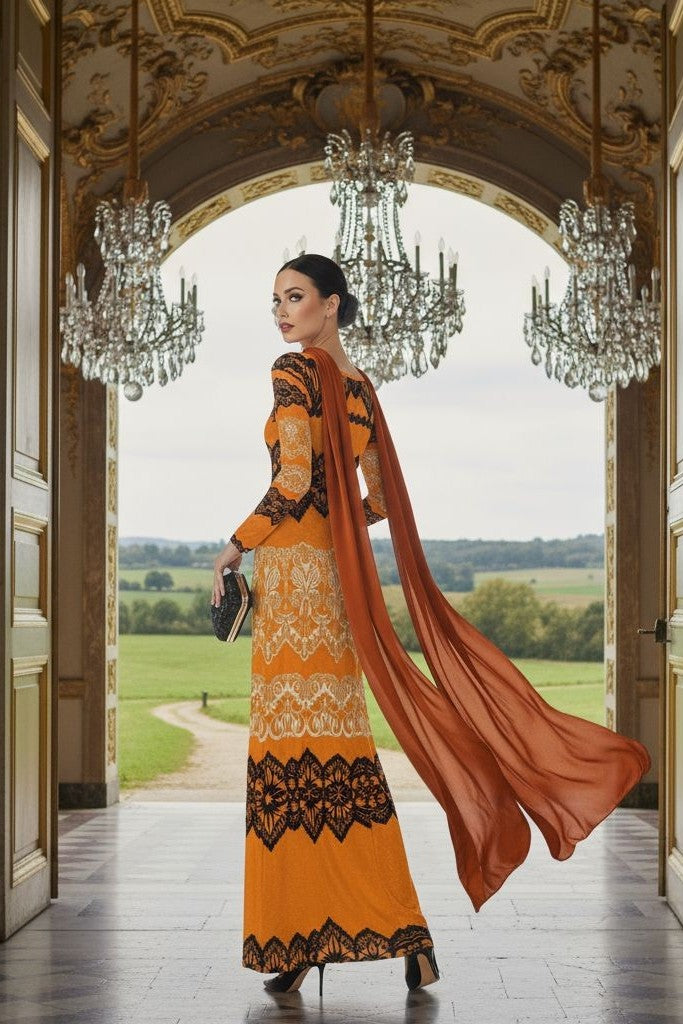 Elegant Tsarina Gold velvet maxi dress for women with baroque lace pattern and black jacket.