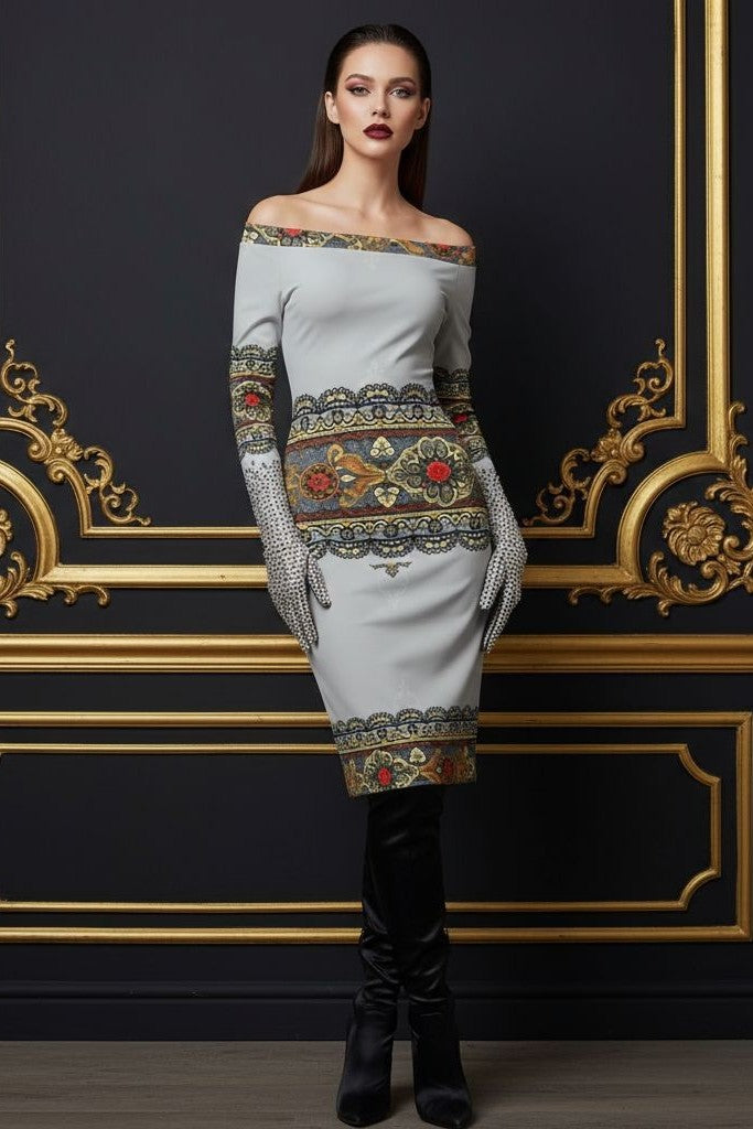 Baroque-style evening midi dress with long sleeves and gold embroidered look pattern.