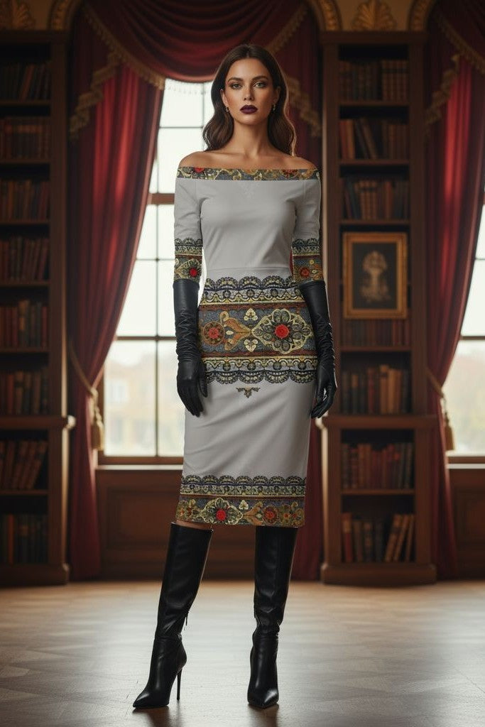Baroque-style evening midi dress with long sleeves and gold embroidered look pattern.