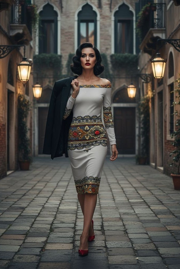 Couture-inspired gray off-shoulder dress with luxurious baroque detailing and slim silhouette.