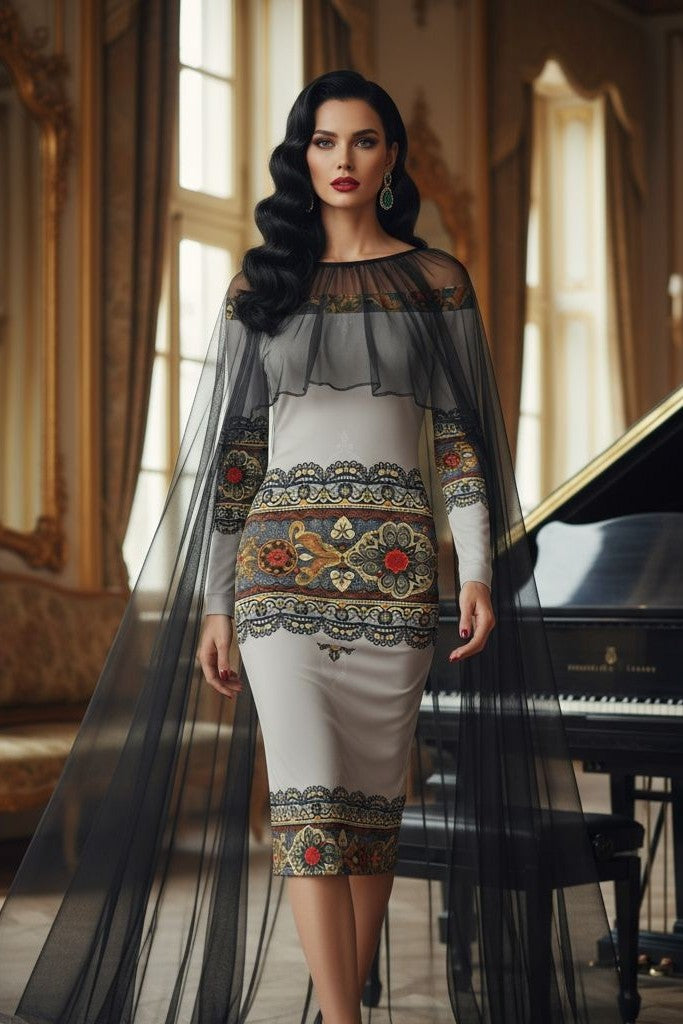 Bodycon-style Tsarina Noire off-shoulder midi dress showcasing intricate baroque pattern and slim fit silhouette.