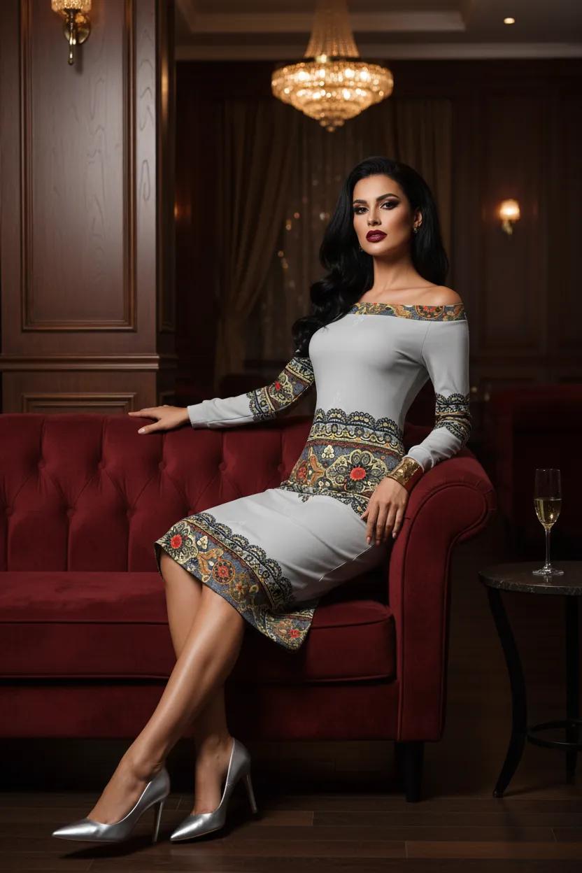 Tsarina Noire Off-The-Shoulder Wrap Dress Elegant Evening Outfit with Decorative Pattern