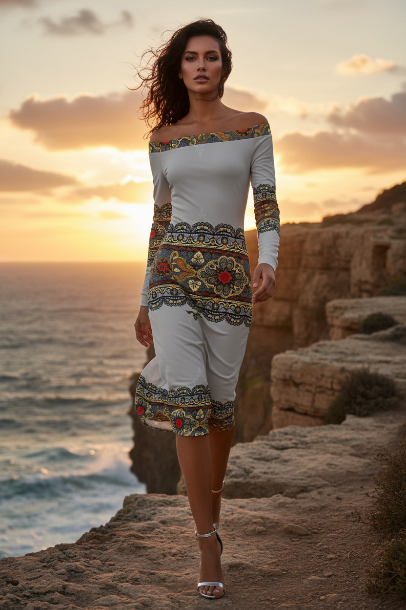 Tsarina Noire Off-The-Shoulder Wrap Dress elegant evening outfit with intricate patterns