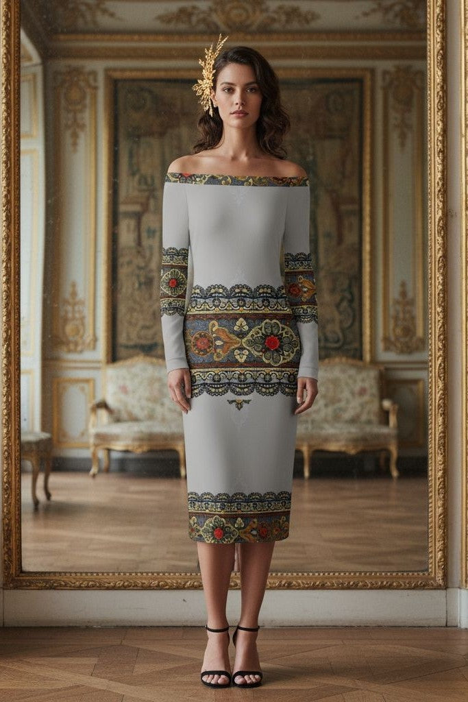 Sophisticated office-to-evening dress with subtle baroque detailing and wrap midi style.