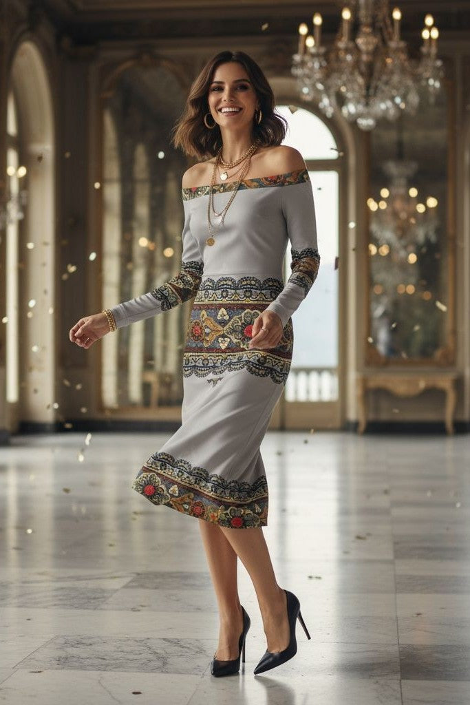 Quiet luxury evening dress inspired by European heritage, perfect for elegant formal occasions.