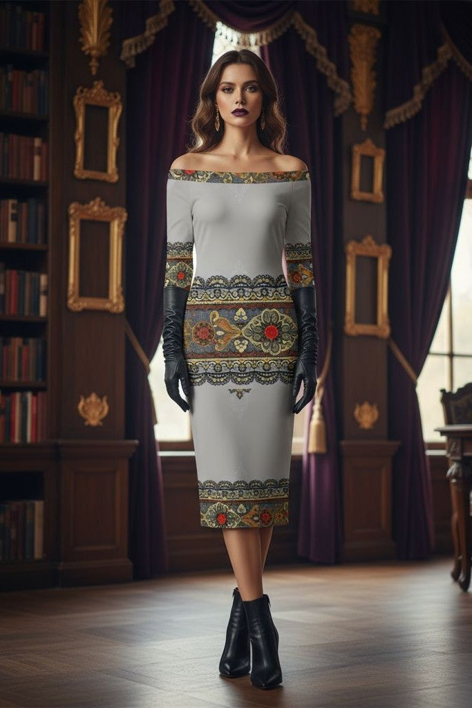 Women’s luxury wrap dress in baroque gray and gold pattern with off-shoulder neckline.