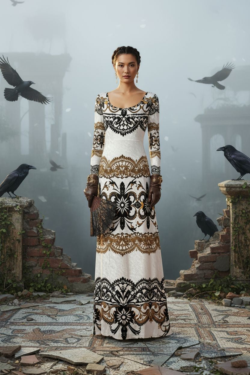 Velora Velvet Shine Long Sleeve Maxi Dress Elegant Baroque Evening Gown XS–6XL in black and gold floral pattern