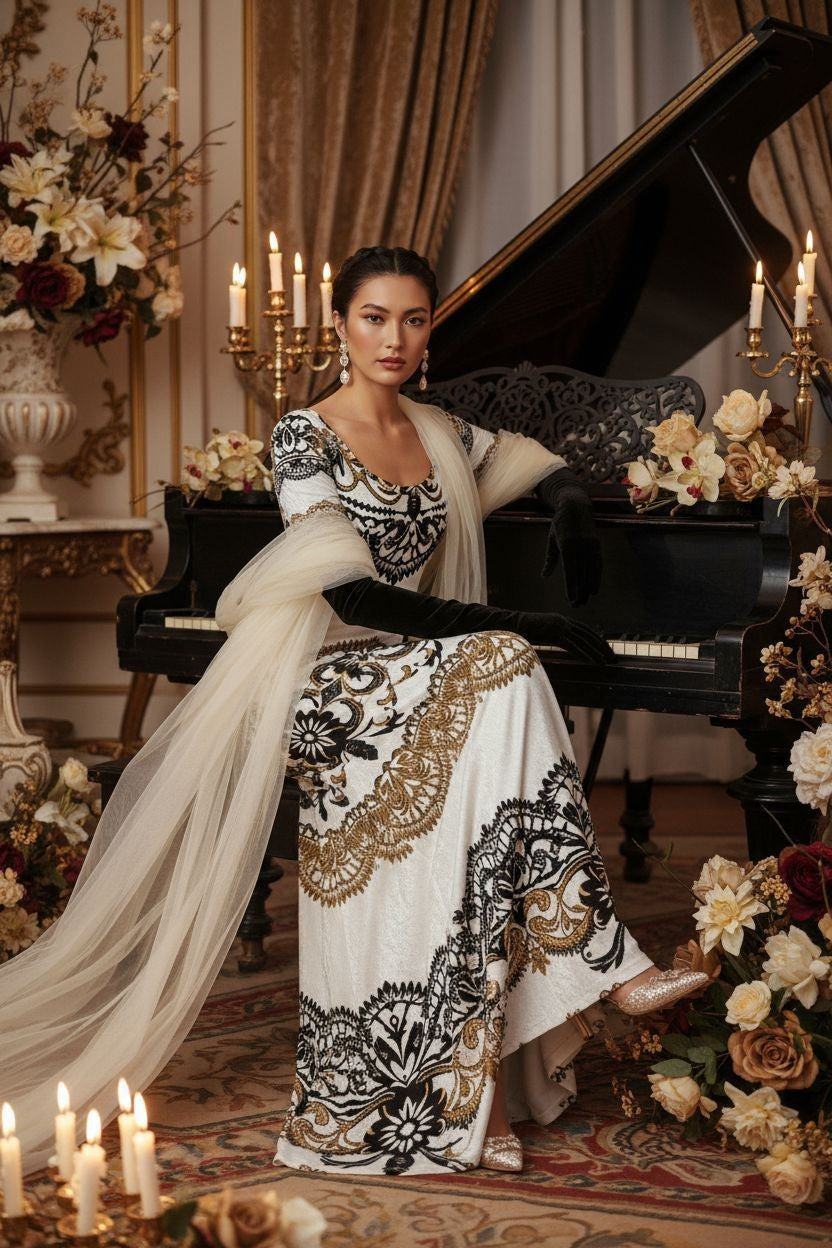 Velora Velvet Shine Long Sleeve Maxi Dress Elegant Baroque Evening Gown XS–6XL worn by model seated by grand piano