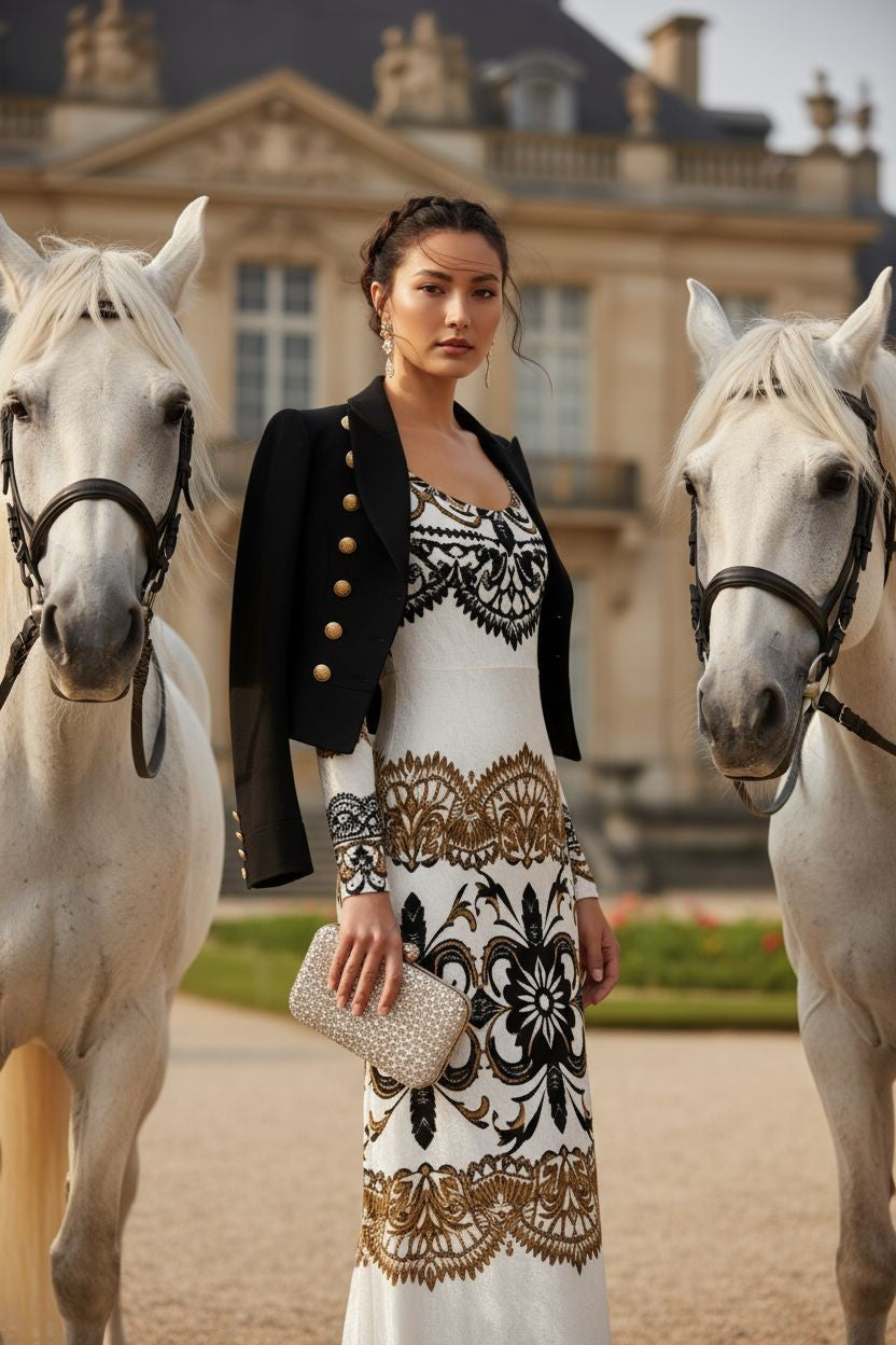 Velora Velvet Shine Long Sleeve Maxi Dress Elegant Baroque Evening Gown XS–6XL worn by model with black jacket holding clutch beside two white horses