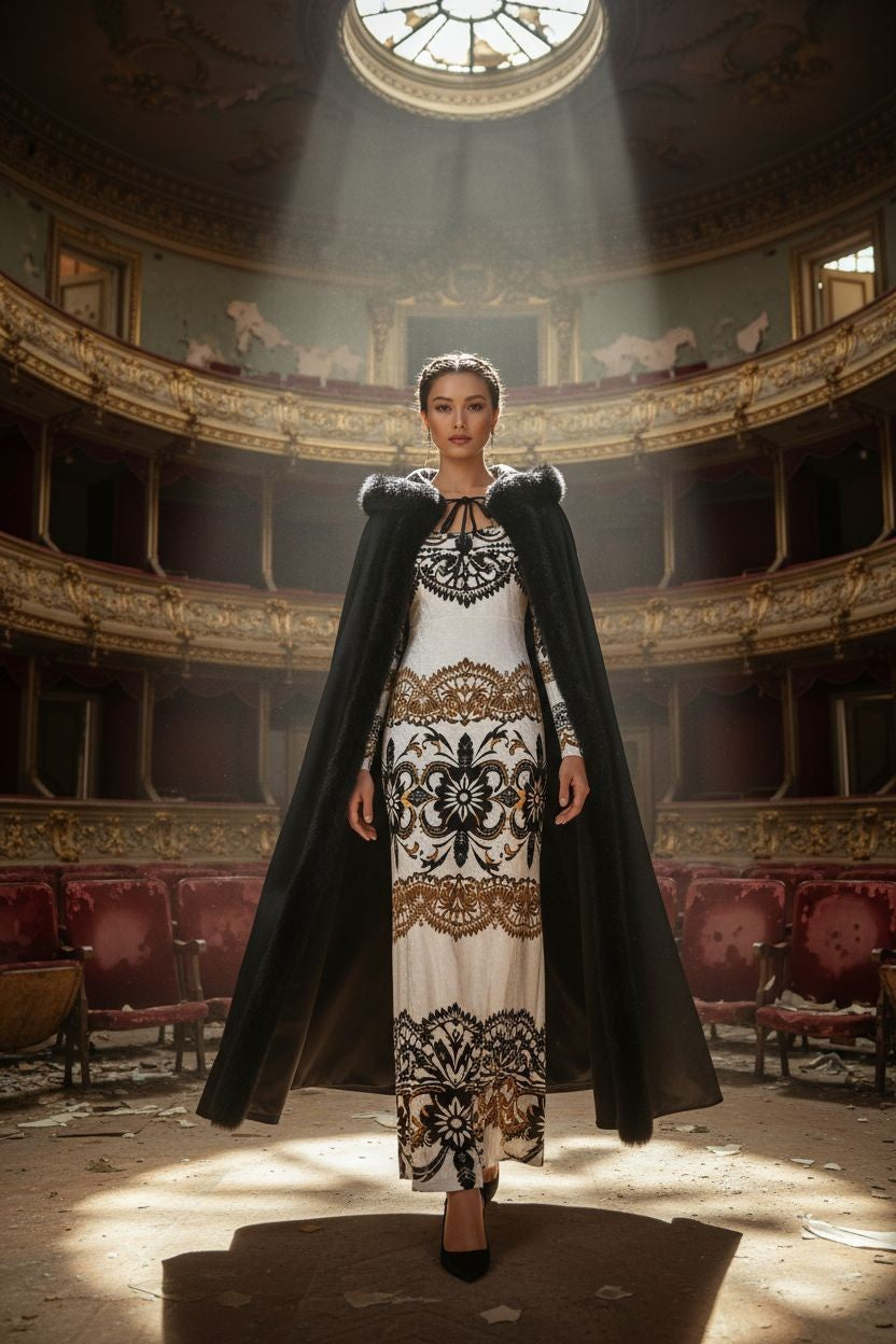 Model wearing Velora Velvet Shine Long Sleeve Maxi Dress Elegant Baroque Evening Gown XS–6XL with black cape in ornate theater