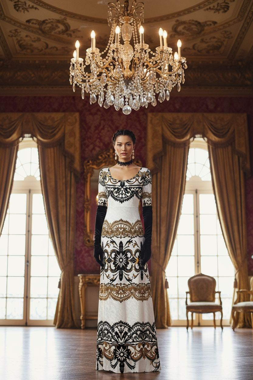 Velora Velvet Shine Long Sleeve Maxi Dress Elegant Baroque Evening Gown XS–6XL in black white and gold worn by model in grand room