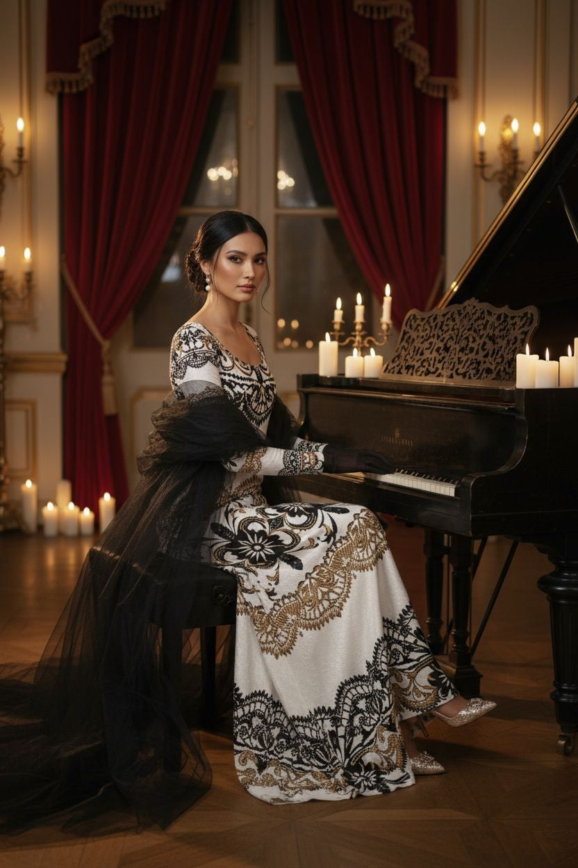 Velora Velvet Shine Long Sleeve Maxi Dress Elegant Baroque Evening Gown XS–6XL worn by woman playing grand piano in candlelit room