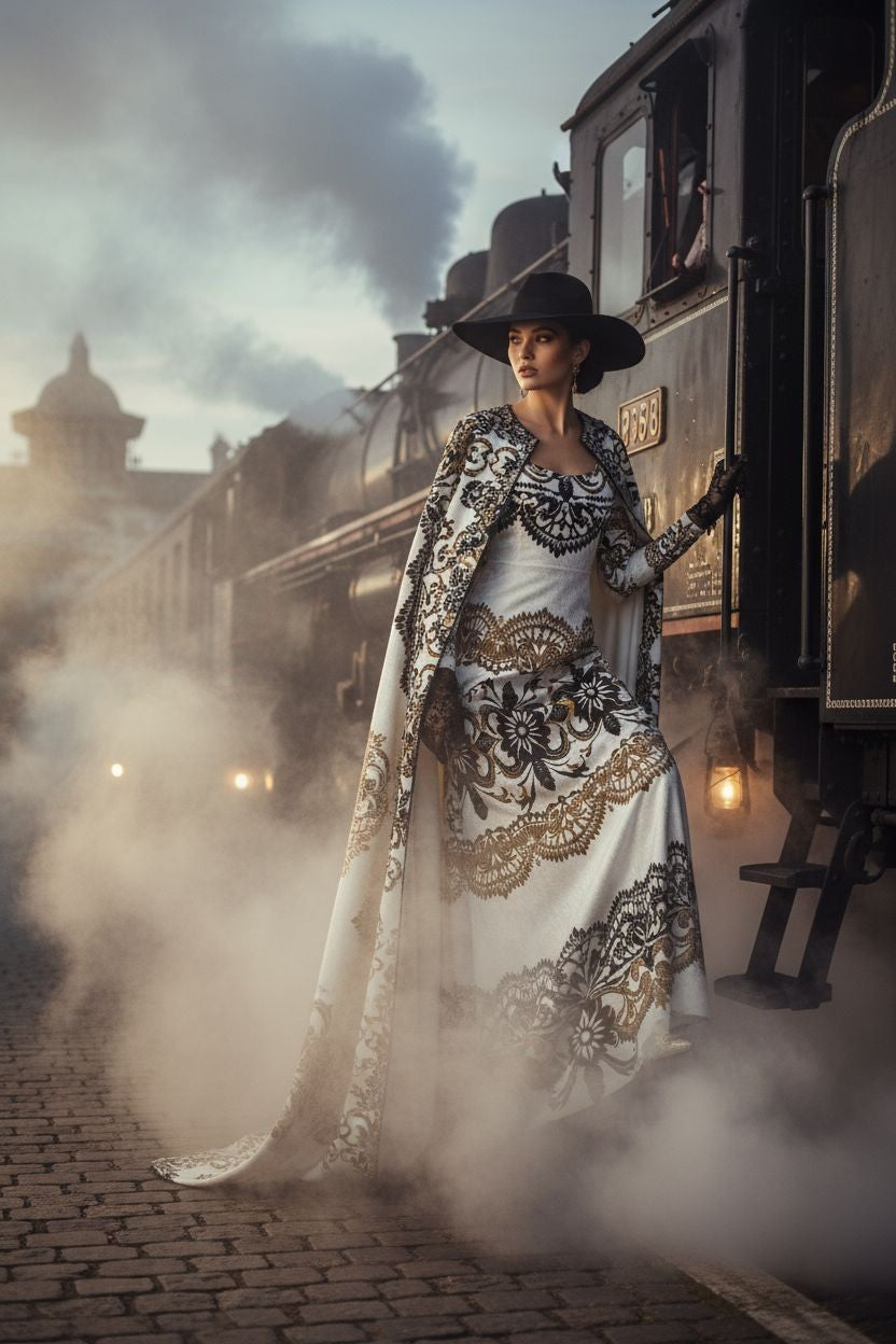 Woman wearing Velora Velvet Shine Long Sleeve Maxi Dress Elegant Baroque Evening Gown XS–6XL standing by vintage train in smoky setting