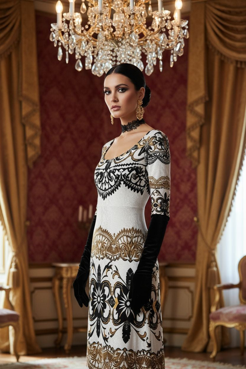 Velora Velvet Shine Long Sleeve Maxi Dress Elegant Baroque Evening Gown XS–6XL in white black gold pattern
