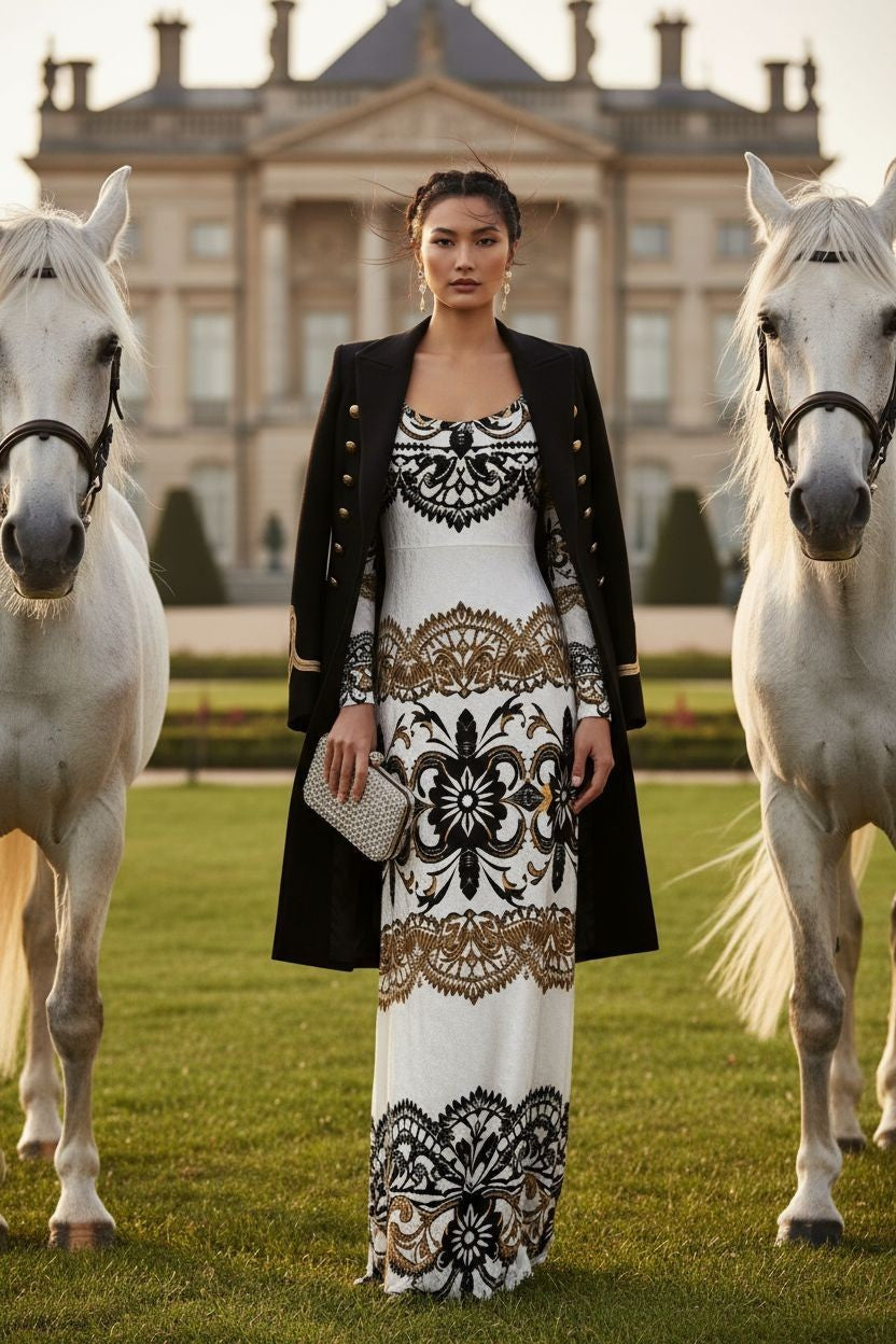 Model wearing Velora Velvet Shine Long Sleeve Maxi Dress Elegant Baroque Evening Gown XS–6XL standing between two white horses outdoors