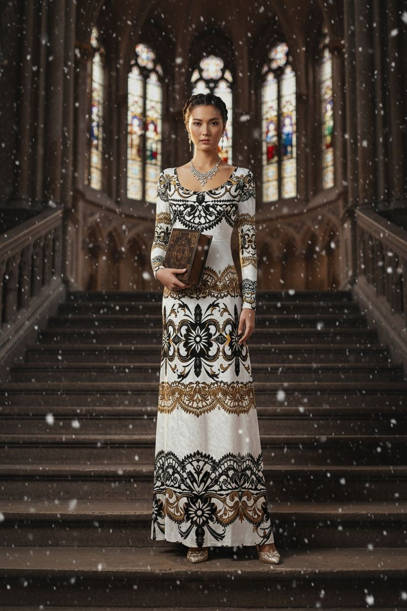 Woman wearing Velora Velvet Shine Long Sleeve Maxi Dress Elegant Baroque Evening Gown XS–6XL standing on grand staircase