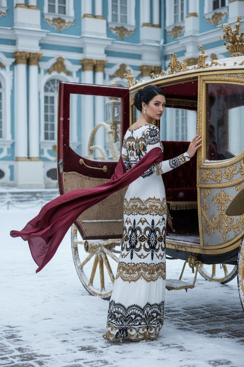 Woman wearing Velora Velvet Shine Long Sleeve Maxi Dress Elegant Baroque Evening Gown XS–6XL beside ornate gold carriage