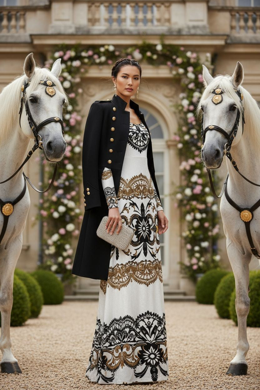 Woman wearing Velora Velvet Shine Long Sleeve Maxi Dress Elegant Baroque Evening Gown XS–6XL standing between two white horses