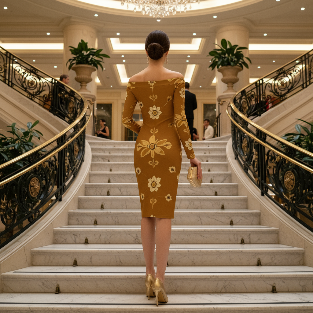Luxury 1950s sunflower wrap dress worn by woman ascending grand marble staircase with elegant decor