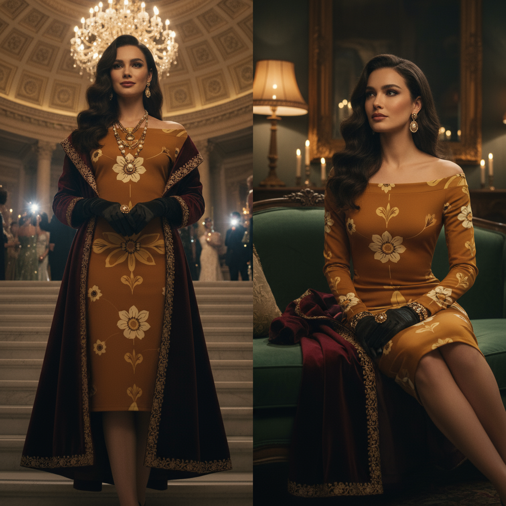 Elegant luxury evening 1950s sunflower wrap dress with floral pattern and long sleeves