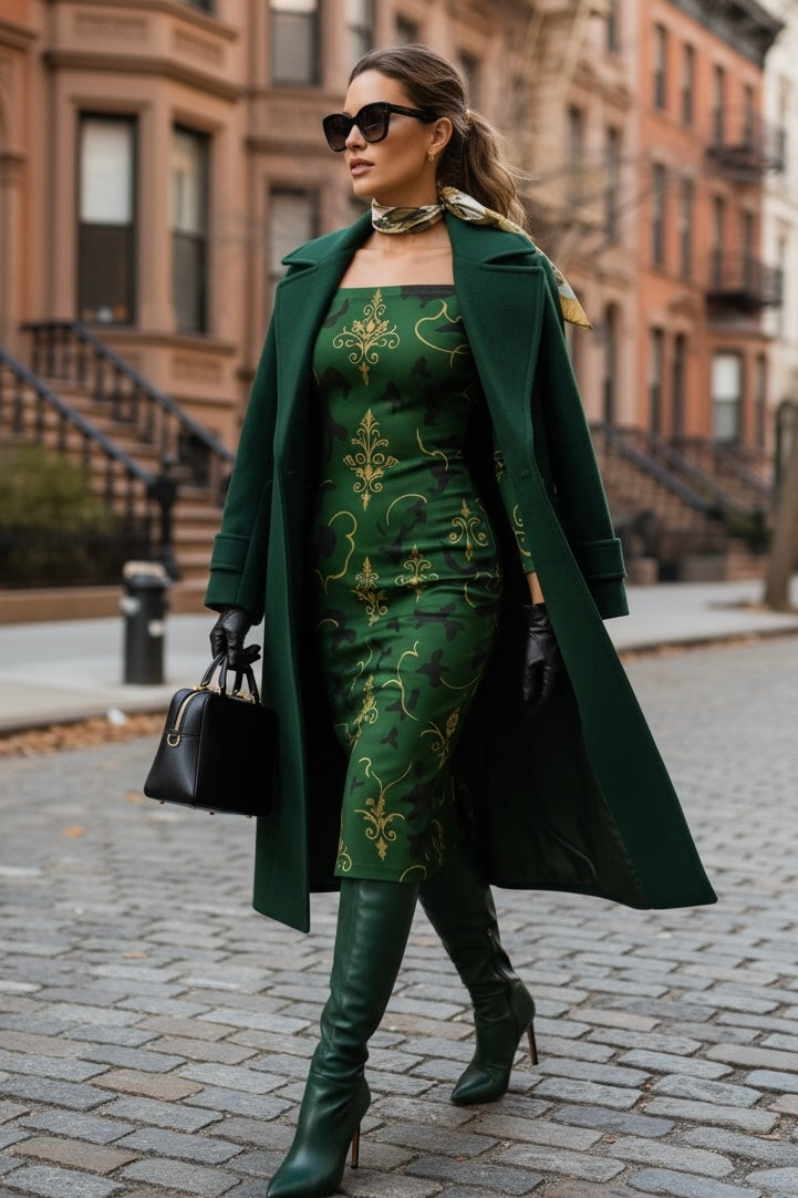 Barogue-Military- Off The Shoulder midi dress in green with gold patterns styled with green coat and boots