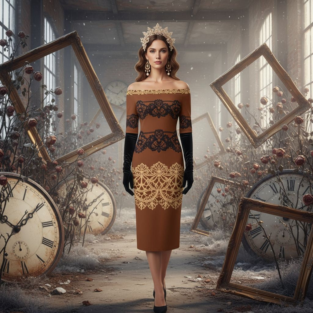Brown Baroque Lace Long Sleeve Wrap Midi Dress with Off Shoulder Design - Angelic Blessings