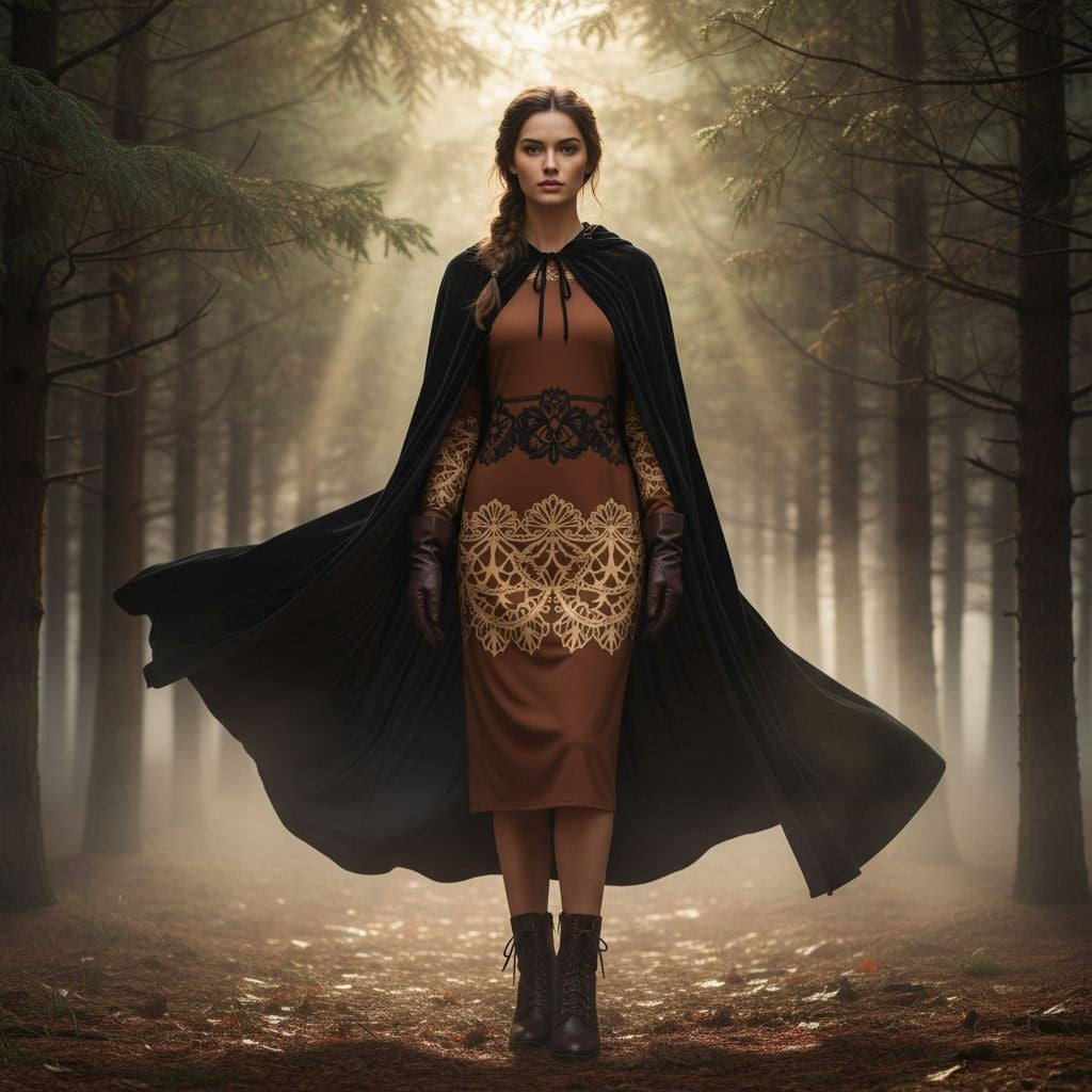 Brown Baroque Lace Long Sleeve Wrap Midi Dress with Off Shoulder Design - Angelic Blessings