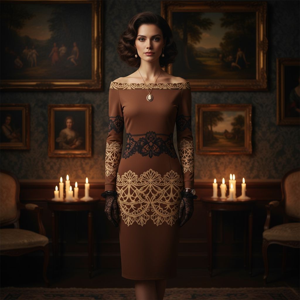 Brown Baroque Lace Long Sleeve Wrap Midi Dress with Off Shoulder Design - Angelic Blessings