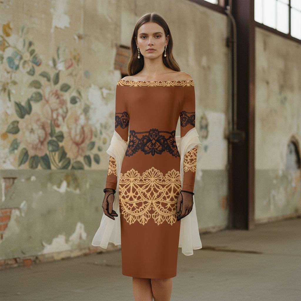 Brown Baroque Lace Long Sleeve Wrap Midi Dress with Off Shoulder Design - Angelic Blessings