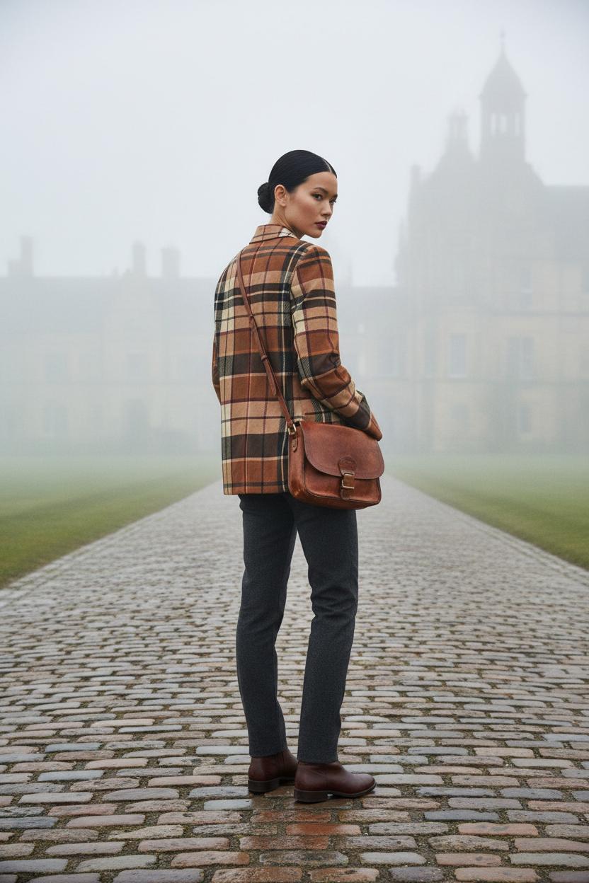 Woman wearing brown tartan women's blazer standing on a cobblestone path with a leather shoulder bag