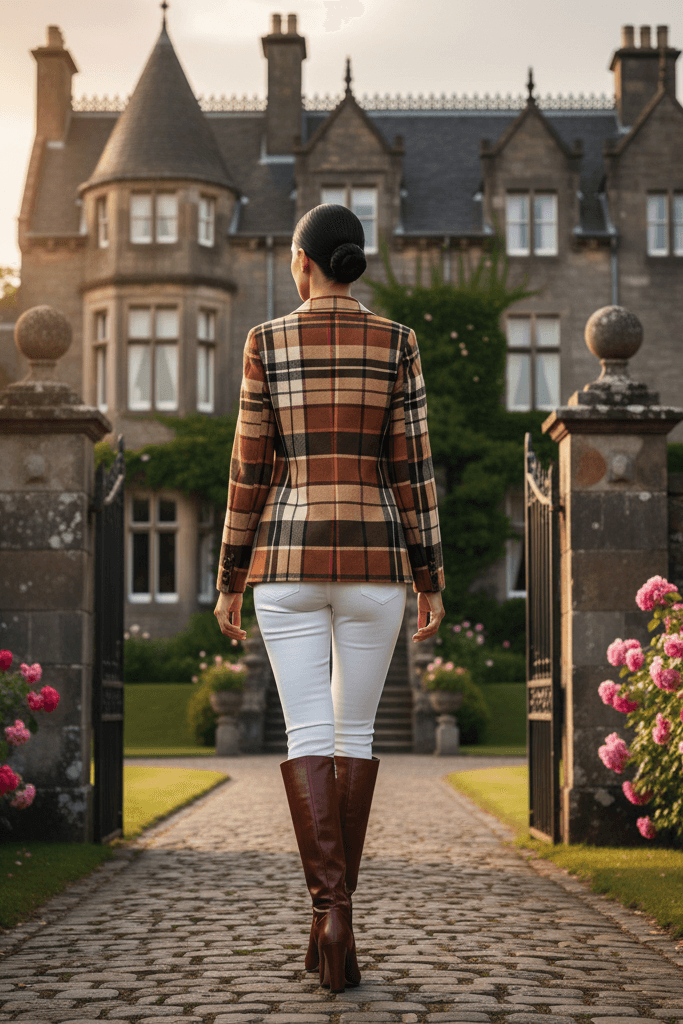 Back view of brown tartan women's blazer worn with white pants and brown boots in garden path
