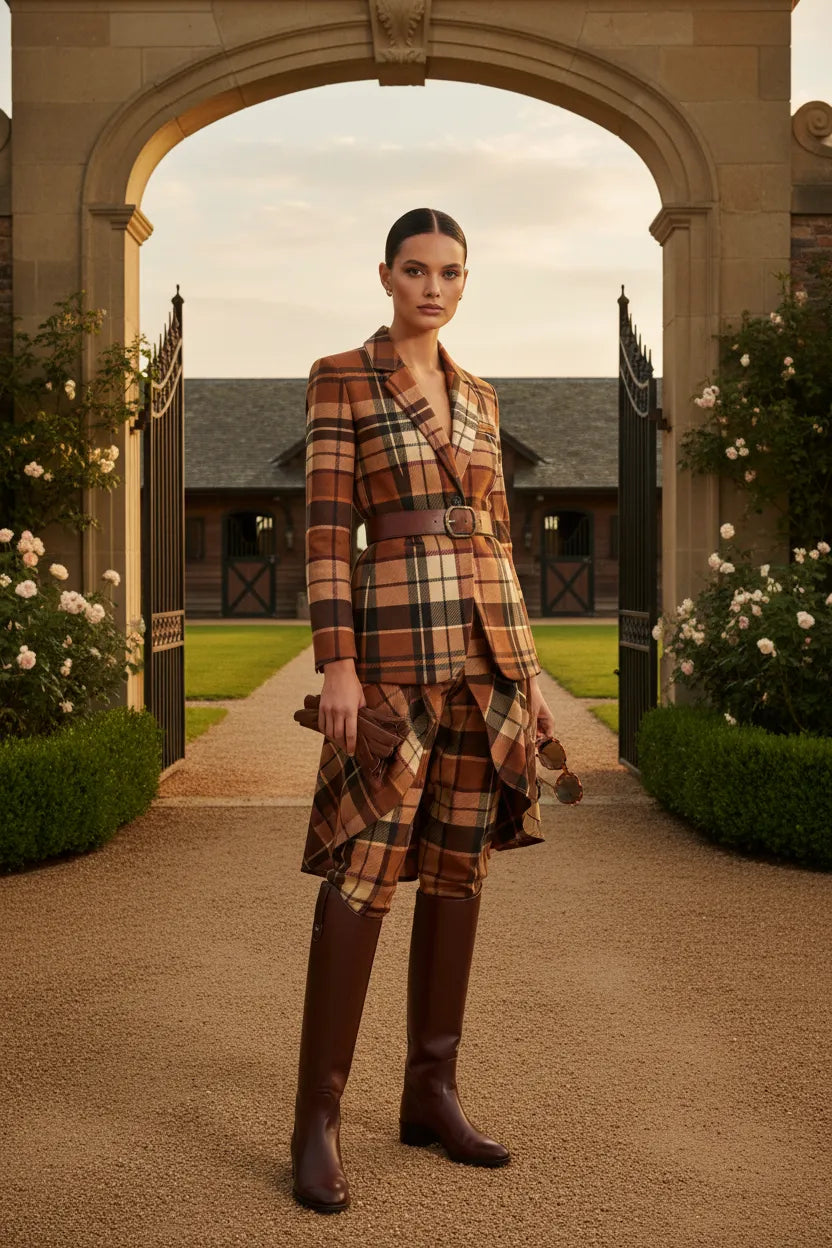 Woman wearing a brown tartan women's blazer with matching skirt and brown boots in outdoor setting