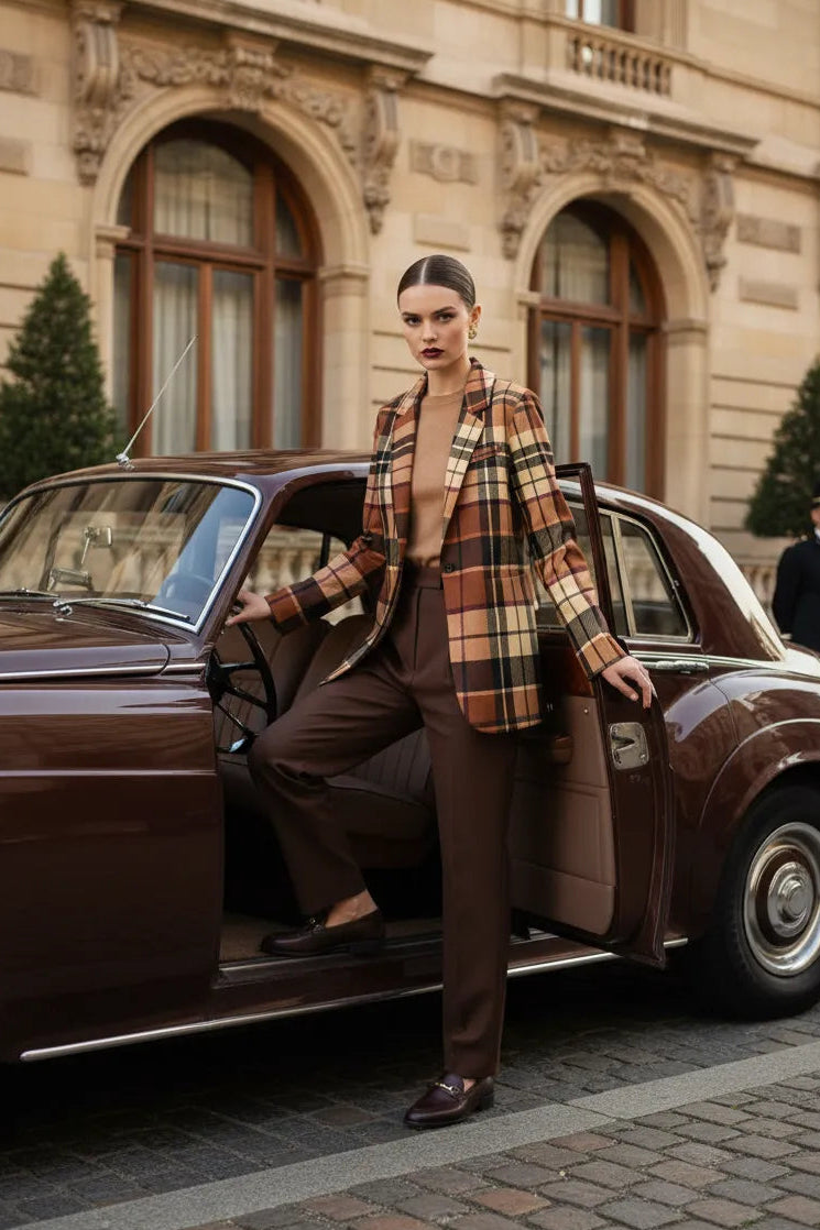 Brown tartan women's blazer styled with brown pants and loafers by Angelic Blessings Shop